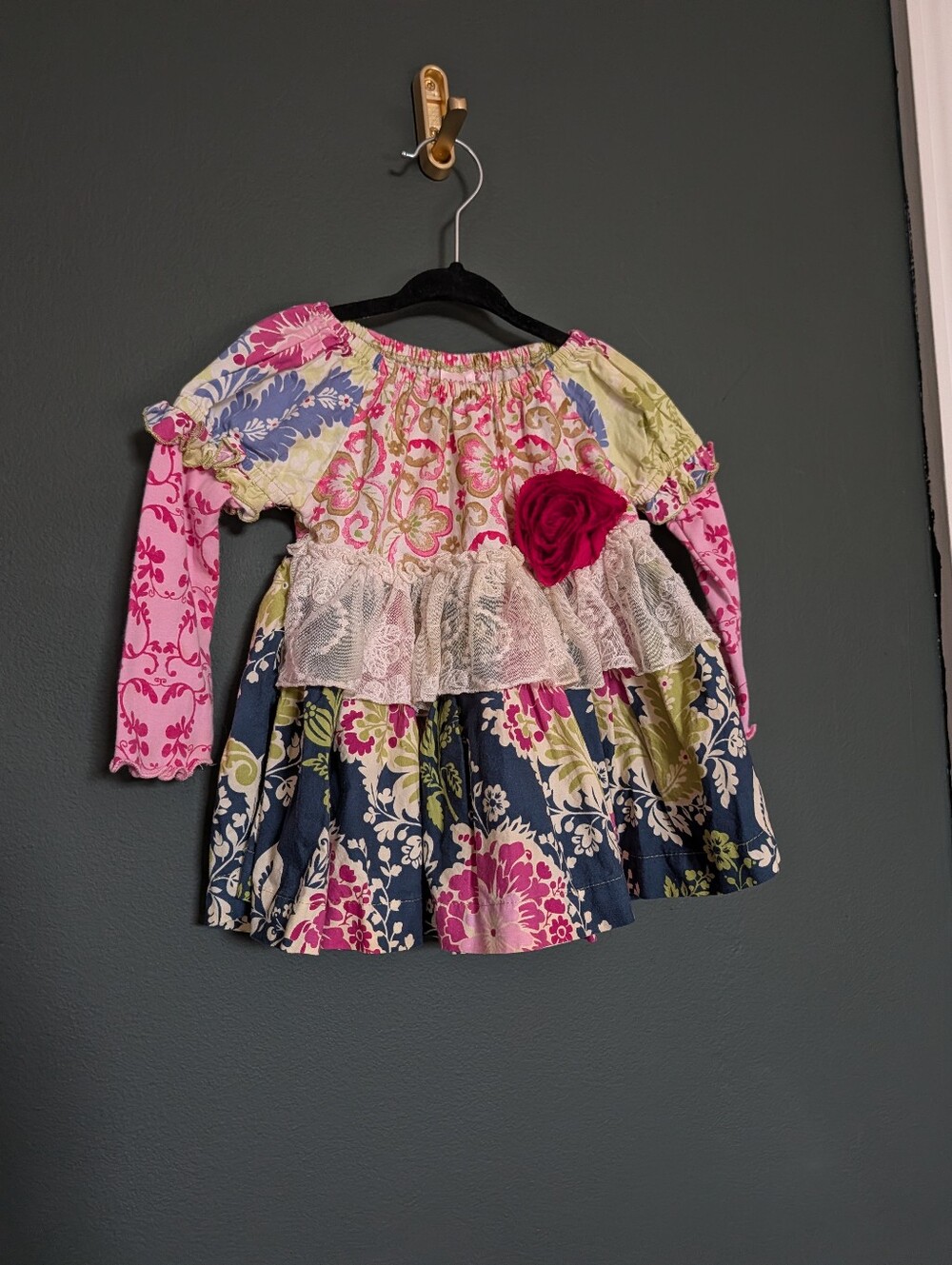 Giggle Moon Multi-Color Floral Lace Ruffle Tunic Dress with Pink Rose Detail